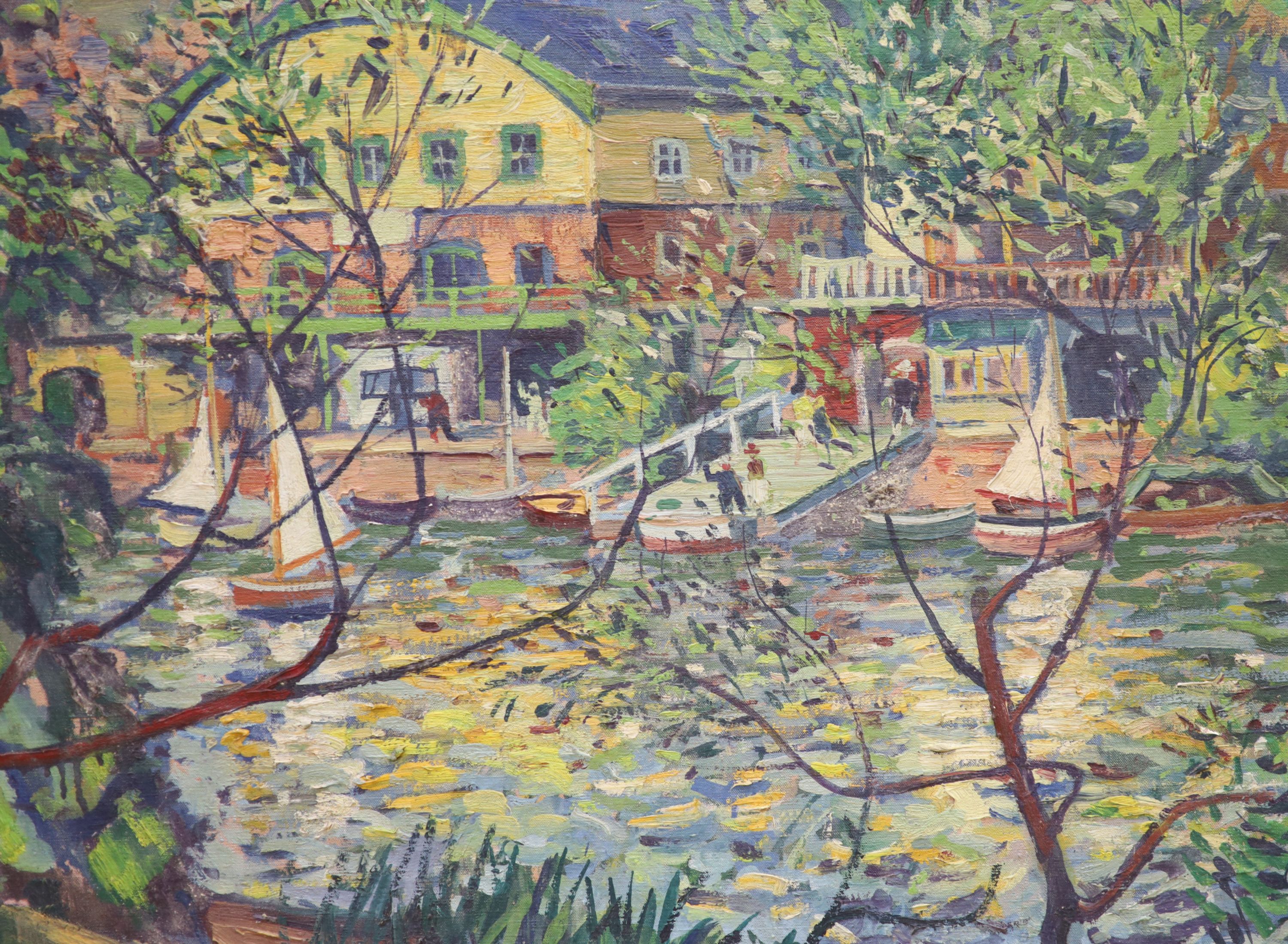 Llewelyn Petley-Jones (1908-1986), oil on canvas, Boathouses and Willows, signed, 50 x 61cm, unframed